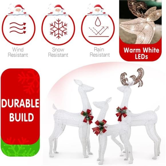 3-Pcs LED Lighted Christmas Deer Outdoor, 3DChristmas Reindeer Decor w/ 360 LED - Picture 3 of 6
